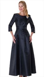4497-BLK ( 1pc Womens Long Church Dress With Rhinestone Brooch, Three Quarter Sleeves And Pleated Waist )