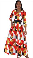 4497-OP ( 1pc Silk Womens Church Dress With Rhinestone Brooch, Three Quarter Sleeves And Pleated Waist )