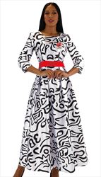4497-RP ( 1pc Silk Womens Church Dress With Rhinestone Brooch, Three Quarter Sleeves And Pleated Waist )