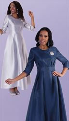 4497 ( 1pc Womens Long Church Dress With Rhinestone Brooch, Three Quarter Sleeves And Pleated Waist )