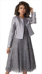 2pc Silk Womens Sunday Dress With Detachable Rhinestone Brooch Graceful Pleated Lace And Silk Jacket GRAY