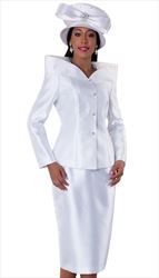 4548-WH ( 2pc Womens Church Suit With High Collar And Metallic Marble Pattern Jacket, Rhinestone Embellished Skirt )