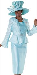 4562-MI-IM ( 3pc Jacquard Womens Sunday Suit With Poka Dot Pattern, Rhinestone Clasp, Detachable Brooch And Peplum Waist On Jacket With Cami And Skirt )