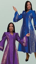 4565 ( 1pc Jaquard Womens Church Robe With Rhinestone Buttons, Metallic Damask Pattern Sides, Flounce Sleeves And Embroidered Cross On Chest And Sleeves )