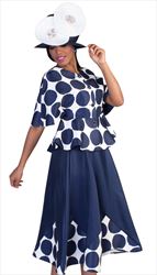 4623-NW - IM ( 2pc Womens Silk Church Suit With Bold Polka Dot Top And Trim On Skirt )