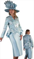 4649-SS ( 2pc Silk Ladies Church Skirt Suit With Brocade Jacket And Jeweled Button Brooch )
