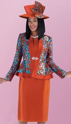 4703-PP ( 3pc Silk Skirt Suit With Abstract Print Peplum Jacket Including Brooch )