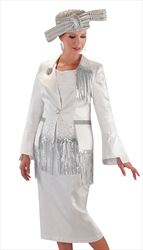4719-SI ( 3pc Jacquard Womens Sunday Church Suit With Fringe And Jewel Brooch )