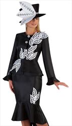 Tally Taylor 4728-BW ( 2pc Silk Church Suit With High-Low Hem And Large Leaf Trim )