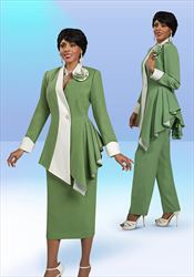 Ben Marc Executive 11980 - Green/Off-White -  Weekender Pant / Skirt / Jacket Ensemble With Asymmetrical Long Peplum Styling