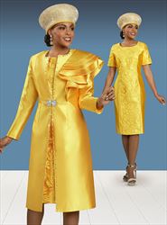 Ben Marc 48498 - Gold Yellow - Duster Jacket with Embellished Shoulder Layered Ruffle and Floral Shift Dress