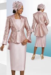 Ben Marc 48499 - Pink - High Low Peplum Embellished Suit with Pleated Back Skirt
