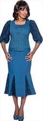 Devine Sport DS63322 - Soft Stretch Denim Suit with Lace Puff Sleeves and Skirt Insets