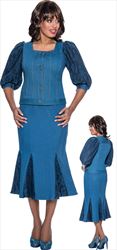 Devine Sport DS63322 - Soft Stretch Denim Suit with Lace Puff Sleeves and Skirt Insets