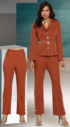 Donna Vinci 11899 Womens Stretch Peach Skin Jacket & Pant Suit With Gold Chain Belt