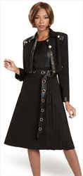 Donna Vinci 11941-Black - Dress And Jacket Set In Faux Leather Trimmed Peach Skin Fabric With Gold Hardware Design