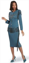 Donna Vinci 11944-Blue Steel - Stretch Fabric Womens Skirt Suit With Leatherette Fringe Trim And Gold Studs