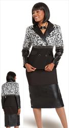 Donna Vinci 5743 Leatherette Trimmed Skirt And Animal Print Peak Lapel Jacket With Metal Fringes