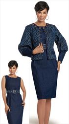 Donna Vinci 5747 Stretch Denim Belted Dress & Bishop Sleeve Jacket Set With Gold Grommets