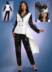 Donna Vinci 11986 - 2PC Jacket & Pant Set with Silk Look and Novelty Fabrics and Feathers, Rhinestones, and Sequins