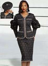 Donna Vinci 13345 - 2PC Jacket & Skirt Exclusive Knitted Wool Blend Jacquard Yarn With Pearls & Satin Puff Sleeves