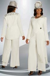 Donna Vinci 5665 Womens Pant Suit With Long Pleated Chiffon Detail On Embellished Wrap Jacket