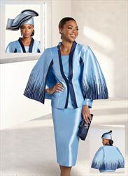 Donna Vinci 11956 - Print Design Cape Suit with Navy Rhinestones and Silk Look Fabric
