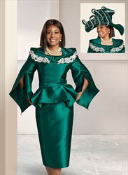 Donna Vinci 11961 - Peplum and Split Sleeve Silk Look Suit with Silver Guipure Lace, Pearls & Rhinestones