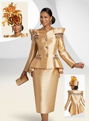 Donna Vinci 11962 - Gold Sequined Trim With Pleated Portrait Collar and Rhinestone Buttons Suit