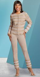 Donna Vinci 11976- Stretch Knit Pant and Jacket Set with Leatherette Bands and Rhinestone Embellishments