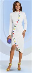Donna Vinci 11979 - White Peach Skin Fabric Dress with Multi Color Buttons