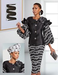 Donna Vinci 5751 - Embroidered Novelty Fabric with Puff Sleeves and Rhinestone Buttons