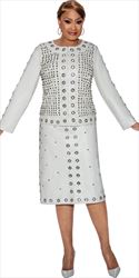 Dorinda Clark Cole - 5222 - White - Grommet and Studs Embellished Faux Leather 2pc Skirt Suit