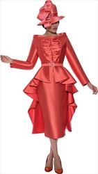  GMI 2PC High Low Skirt Suit With Belt and Ruffle Pleat Breast Panel