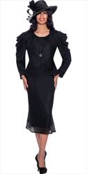 GMI G8743-Black - Striped Mesh Design Womens Church Suit With Flared Skirt And Ruffle Sleeve Jacket