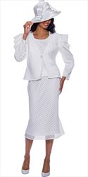 GMI G8743-White - Striped Mesh Design Womens Church Suit With Flared Skirt And Ruffle Sleeve Jacket