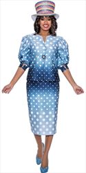 GMI G9032 - Blue Gradient Polka Dot Patterned Puff Sleeve Womens Church Suit