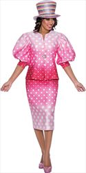 GMI G9032 - Pink Gradient Polka Dot Patterned Puff Sleeve Womens Church Suit