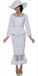 GMI G9512 - White 3PC Peplum Skirt Suit with Pearl Details and Mesh Hemline