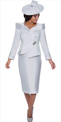 GMI G9592 - White 2PC Jacquard Asymmetrical Skirt Suit With Portrait Styling