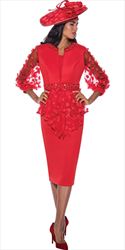 GMI G9673 - Red 3PC Scuba Fabric Skirt Suit With Mesh and Petals Detailing