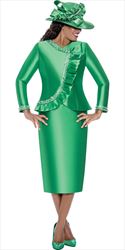 GMI 400702 - Emerald - 2pc Twill Ruffle Pearl & Crystal Trim Skirt Suit