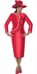 GMI 400702 - Red -  2pc Twill Ruffle Pearl & Crystal Trim Skirt Suit