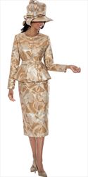 GMI 400792 - Champagne - Two Toned Belted Jacquard Skirt Suit