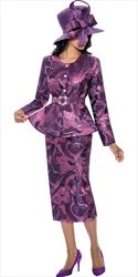 GMI 400792 - Purple - Two Toned Belted Jacquard Skirt Suit