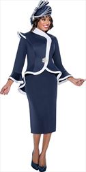 GMI G8852 - Navy/White - High Low Peplum Flair Cuffed Trimmed Church Suit
