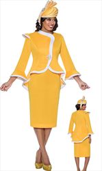 GMI G8852 - Yellow/White - High Low Peplum Flair Cuffed Trimmed Church Suit