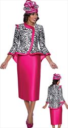 GMI G8872 - Black/White/Hot Pink - Contrast Trim Animal Print Peplum Jacket Church Suit