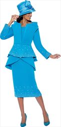 GMI G8982 - Turquoise- Bead and Gem Embellished Layered Peplum Womens Church Suit