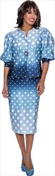 GMI G9032 - Blue Gradient Polka Dot Patterned Puff Sleeve Womens Church Suit